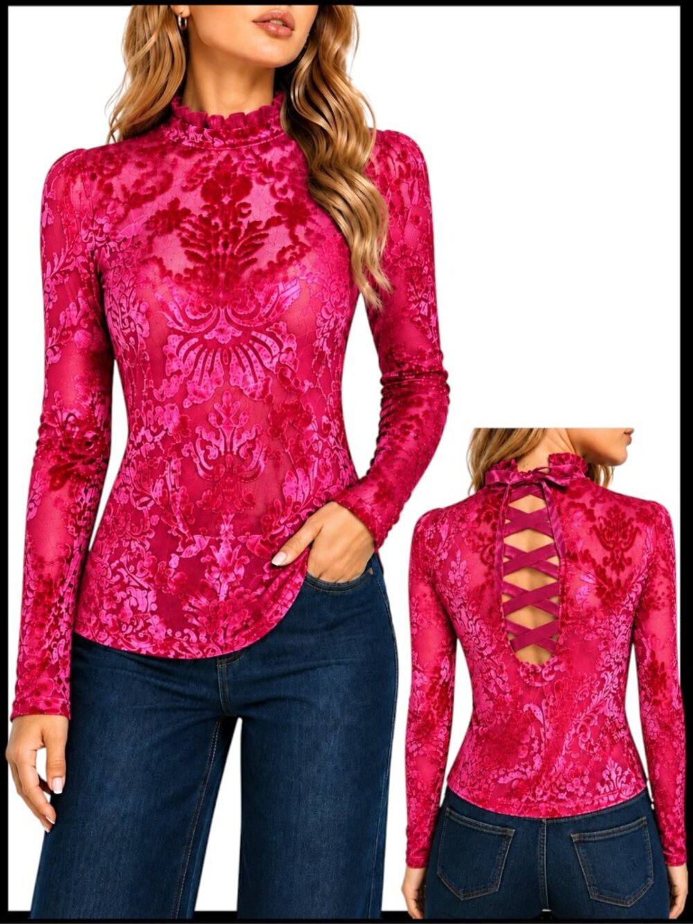 Anthropologie Top Rose Pink Velvet Burnout Lace Up Back XS